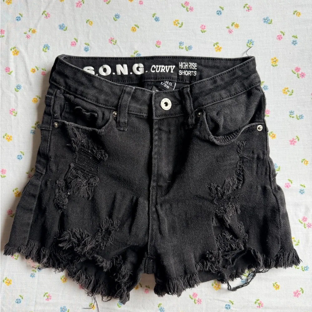 S.O.N.G. Black Distressed High Rise Jean Shorts - Picture 1 of 2